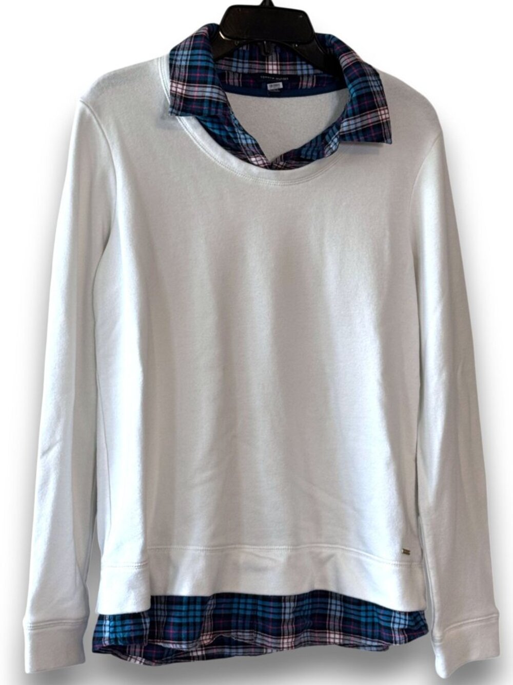 Tommy Hilfiger Women's Large White Faux Layered Sweatshirt Plaid Trim Preppy